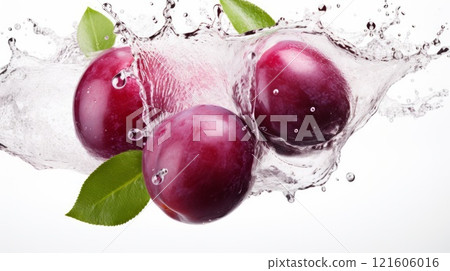 Splash of water and few purple plums on white background. Neural network ai generated 121606016