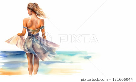 Girl in white long dress looking out to sea, back view, painting painted in watercolor on textured paper. Neural network ai generated Girl in white long dress looking out to sea, back view, painting painted in watercolor on textured paper. Neural network ai generated 121606044