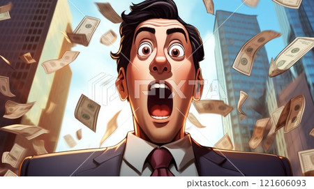 Surprised astonished man in glasses sitting at desk. Neural network ai generated 121606093