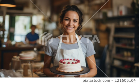 Young smiling brunette woman chef holding a homemade cake. Neural network ai generated 121606104