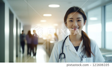 Happy asian young doctor woman in hospital interior. Neural network ai generated 121606105