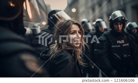Police subduing two protesters during strike. Neural network ai generated 121606106