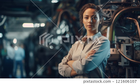 A professional female mechanic working in a car service. Neural network ai generated 121606107