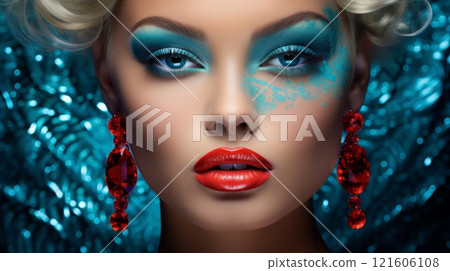 Woman face in glowing blue makeup paint. Neural network ai generated 121606108