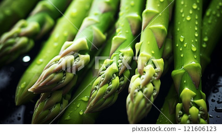 Pile of fresh asparagus with glistening droplets of water. Advertising photography. Neural network ai generated 121606123