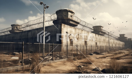 Prison wall with barbed wire and surveillance tower. Neural network ai generated 121606127