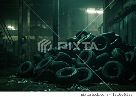 Old used car and truck tires for recycling. Neural network ai generated 121606152