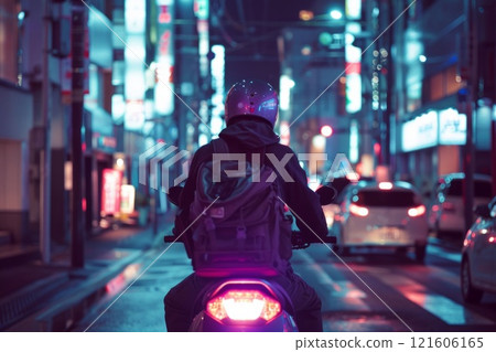 Food delivery driver driving delivery to customers who ordered online at night. Neural network ai generated 121606165