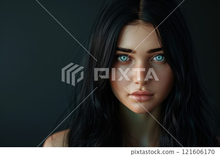 Beautiful young woman with long black hair posing on dark background. Neural network ai generated 121606170