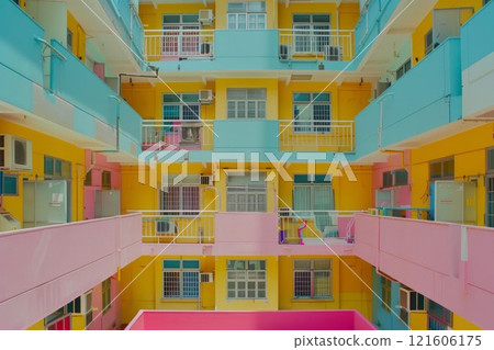 Fictional public housing project plan completed in bright pastel colors of modern art deco. Neural network ai generated 121606175