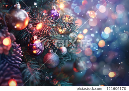 Close-up of Christmas tree with red balls and bokeh in the background. Neural network ai generated 121606178