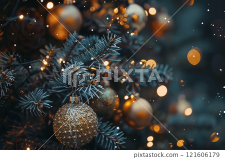 Close up of balls on christmas tree. Bokeh garlands in the background. New Year concept. Neural network ai generated 121606179
