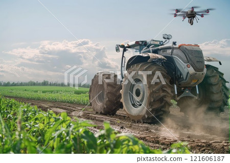 Modern technologies in agriculture. An industrial drone flies over a green field. Neural network ai generated Modern technologies in agriculture. An industrial drone flies over a green field. Neural network ai generated 121606187