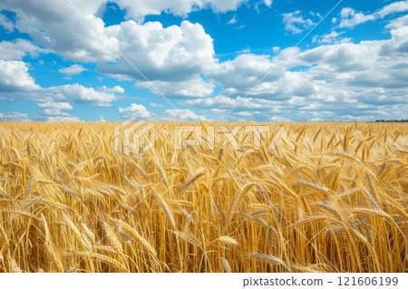 A picturesque golden wheat field under a bright blue sky. Neural network ai generated A picturesque golden wheat field under a bright blue sky. Neural network ai generated 121606199