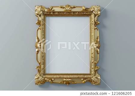 Antique golden frame on grey wall background. Neural network ai generated Antique golden frame on grey wall background. Neural network ai generated 121606205