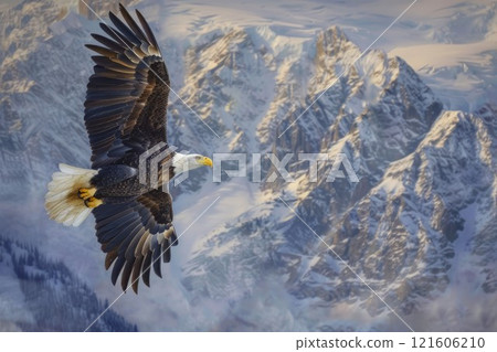 An American Bald Eagle soaring over a mountains in daytime. Neural network ai generated An American Bald Eagle soaring over a mountains in daytime. Neural network ai generated 121606210