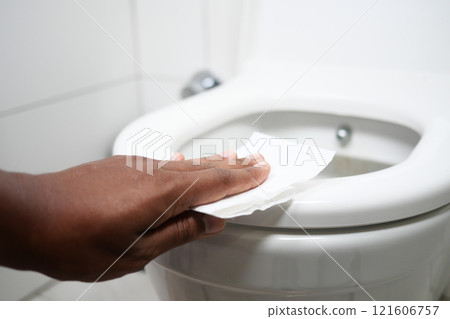 Hand Cleaning the Toilet Rim Using Disinfecting Wipes for Effective Hygiene Maintenance 121606757