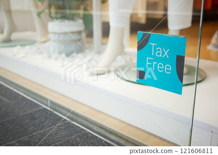 shop tax free text duty free shop sign on shop window  121606811