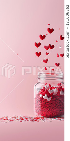 Glass jar full of heart shaped confetti on pink background. Valentines background. Love banner 121606862