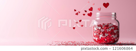 Glass jar full of heart shaped confetti on pink background. Valentines background. Love banner Glass jar full of heart shaped confetti on pink background. Valentines background. Love banner 121606864