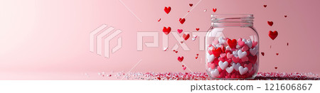 Glass jar full of heart shaped confetti on pink background. Valentines background. Love banner Glass jar full of heart shaped confetti on pink background. Valentines background. Love banner 121606867
