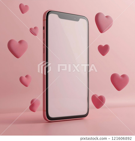 Mobile phone mockup with hearts and pastel pink background. Valentine's day banner with a smartphone with blank screen template 121606892