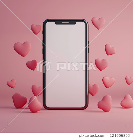 Mobile phone mockup with hearts and pastel pink background. Valentine's day banner with a smartphone with blank screen template 121606893
