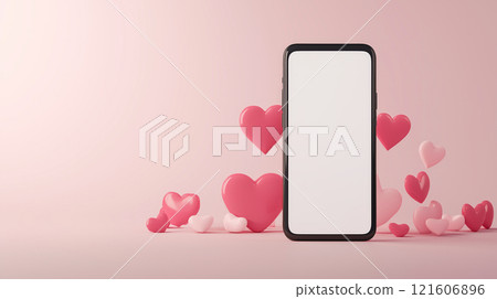 Mobile phone mockup with hearts and pastel pink background. Valentine's day banner with a smartphone with blank screen template Mobile phone mockup with hearts and pastel pink background. Valentine's day banner with a smartphone with blank screen template 121606896
