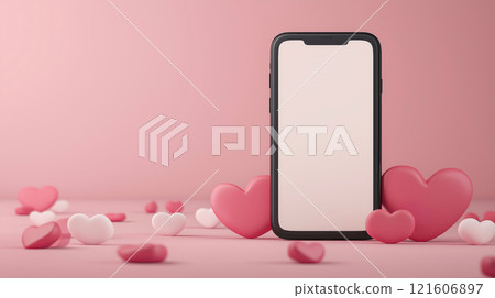 Mobile phone mockup with hearts and pastel pink background. Valentine's day banner with a smartphone with blank screen template Mobile phone mockup with hearts and pastel pink background. Valentine's day banner with a smartphone with blank screen template 121606897