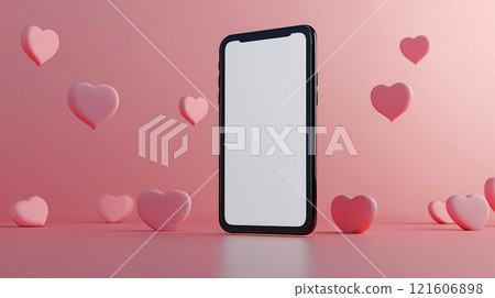 Mobile phone mockup with hearts and pastel pink background. Valentine's day banner with a smartphone with blank screen template Mobile phone mockup with hearts and pastel pink background. Valentine's day banner with a smartphone with blank screen template 121606898