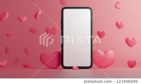Mobile phone mockup with hearts and pastel pink background. Valentine's day banner with a smartphone with blank screen template Mobile phone mockup with hearts and pastel pink background. Valentine's day banner with a smartphone with blank screen template 121606899
