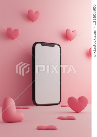 Mobile phone mockup with hearts and pastel pink background. Valentine's day banner with a smartphone with blank screen template Mobile phone mockup with hearts and pastel pink background. Valentine's day banner with a smartphone with blank screen template 121606900