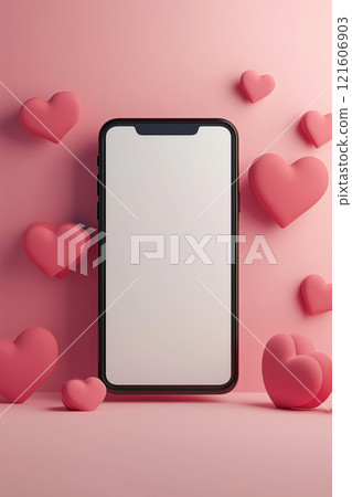 Mobile phone mockup with hearts and pastel pink background. Valentine's day banner with a smartphone with blank screen template Mobile phone mockup with hearts and pastel pink background. Valentine's day banner with a smartphone with blank screen template 121606903