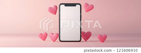 Mobile phone mockup with hearts and pastel pink background. Valentine's day banner with a smartphone with blank screen template 121606910