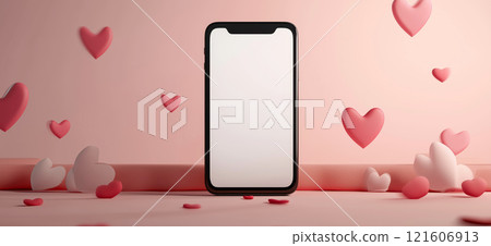 Mobile phone mockup with hearts and pastel pink background. Valentine's day banner with a smartphone with blank screen template 121606913