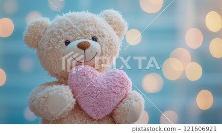 Teddy bear holding a heart. Valentine's day banner. Love you background 121606921