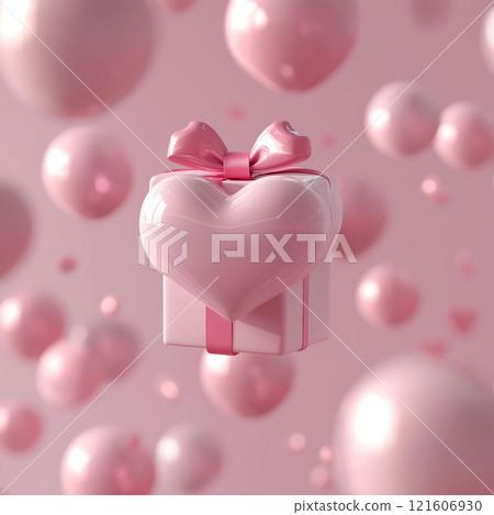 Valentine's day gift with floating hearts banner. Pink gift box and hearts 3d render love background. Engagement Valentine's day gift with floating hearts banner. Pink gift box and hearts 3d render love background. Engagement 121606930