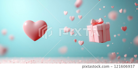 Valentine's day gift with floating hearts banner. Pink gift box and hearts 3d render love background. Engagement Valentine's day gift with floating hearts banner. Pink gift box and hearts 3d render love background. Engagement 121606937