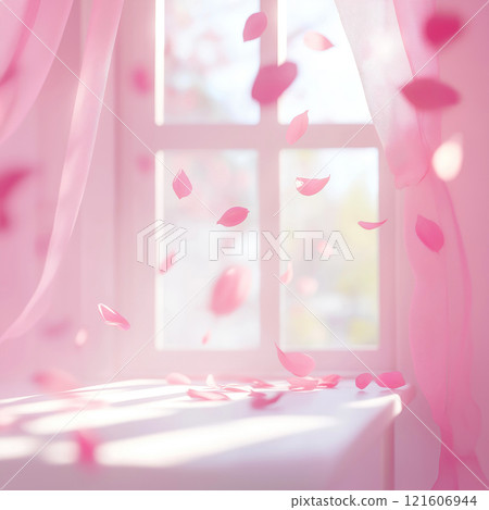Romantic soft pink background. Large pink window and falling petals creating a beutiful tranquil warm atmosphere. Love banner 121606944