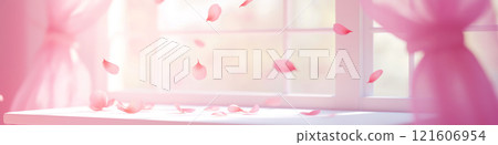 Romantic soft pink background. Large pink window and falling petals creating a beutiful tranquil warm atmosphere. Love banner 121606954