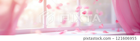 Romantic soft pink background. Large pink window and falling petals creating a beutiful tranquil warm atmosphere. Love banner 121606955