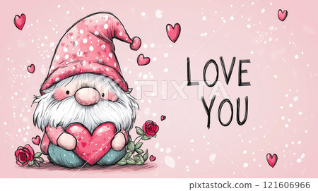 Cartoon style illustration of an cute adorable dwarf or gnome holding a heart. Valentine's day banner. I love you greeting card template 121606966