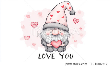 Cartoon style illustration of an cute adorable dwarf or gnome holding a heart. Valentine's day banner. I love you greeting card template 121606967
