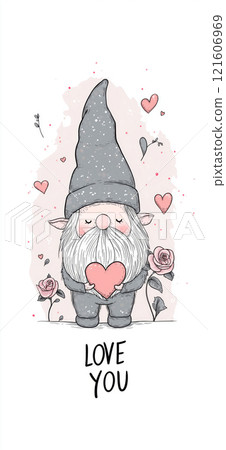 Cartoon style illustration of an cute adorable dwarf or gnome holding a heart. Valentine's day banner. I love you greeting card template Cartoon style illustration of an cute adorable dwarf or gnome holding a heart. Valentine's day banner. I love you greeting card template 121606969