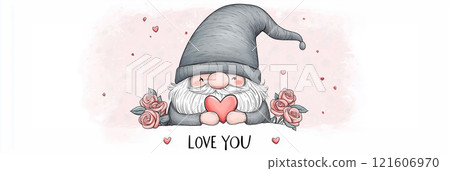 Cartoon style illustration of an cute adorable dwarf or gnome holding a heart. Valentine's day banner. I love you greeting card template Cartoon style illustration of an cute adorable dwarf or gnome holding a heart. Valentine's day banner. I love you greeting card template 121606970