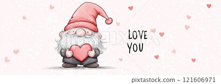 Cartoon style illustration of an cute adorable dwarf or gnome holding a heart. Valentine's day banner. I love you greeting card template Cartoon style illustration of an cute adorable dwarf or gnome holding a heart. Valentine's day banner. I love you greeting card template 121606971