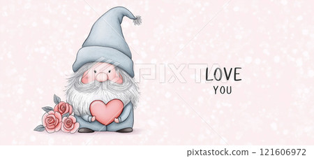 Cartoon style illustration of an cute adorable dwarf or gnome holding a heart. Valentine's day banner. I love you greeting card template Cartoon style illustration of an cute adorable dwarf or gnome holding a heart. Valentine's day banner. I love you greeting card template 121606972