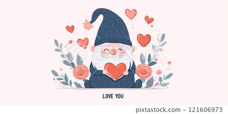 Cartoon style illustration of an cute adorable dwarf or gnome holding a heart. Valentine's day banner. I love you greeting card template Cartoon style illustration of an cute adorable dwarf or gnome holding a heart. Valentine's day banner. I love you greeting card template 121606973