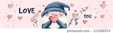 Cartoon style illustration of an cute adorable dwarf or gnome holding a heart. Valentine's day banner. I love you greeting card template Cartoon style illustration of an cute adorable dwarf or gnome holding a heart. Valentine's day banner. I love you greeting card template 121606974