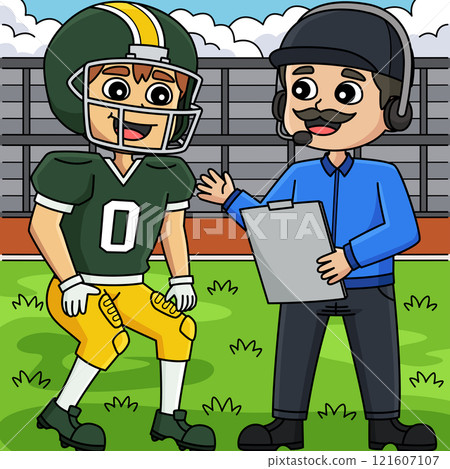 American Football Player and Coach Colored Cartoon American Football Player and Coach Colored Cartoon 121607107